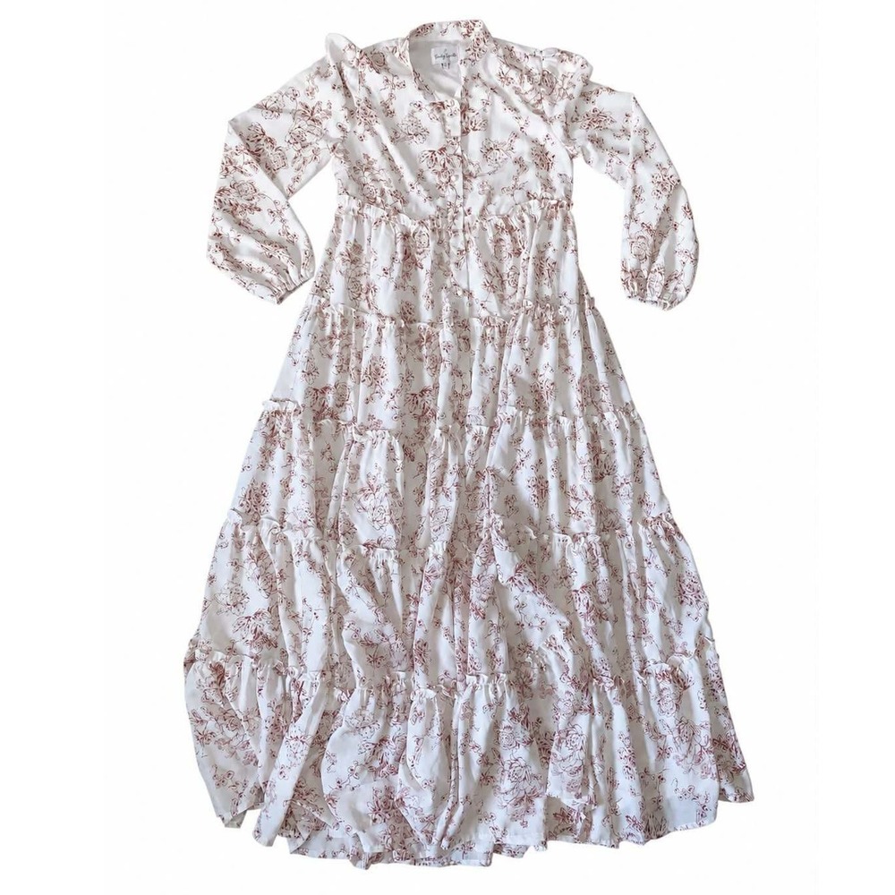 Dainty Jewells Twirling in Toile Maxi Dress S Cream Burgundy Floral Tiered Chic
